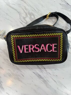 Versace Black Leather Crossbody Bag with Pink Logo and Yellow Trim